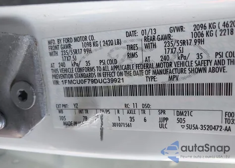 2013 Ford Escape S z USA, uszkodzony, nr VIN 1FMCU0F79DUC39921